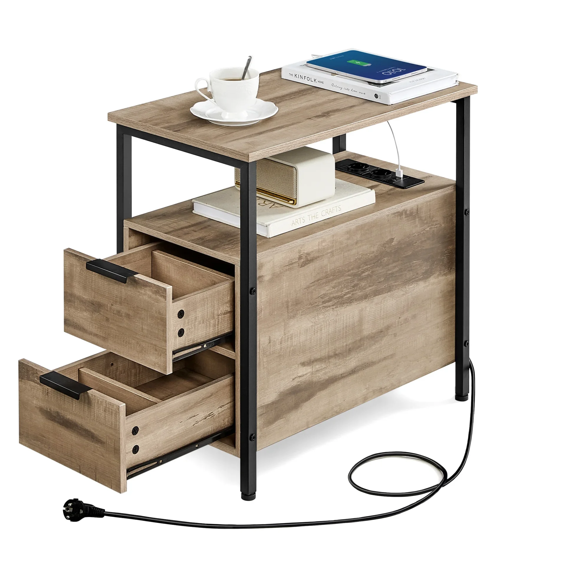 Mesa auxiliar de madera clara con regleta y espacio de almacenamiento - Maison Déco Lumière