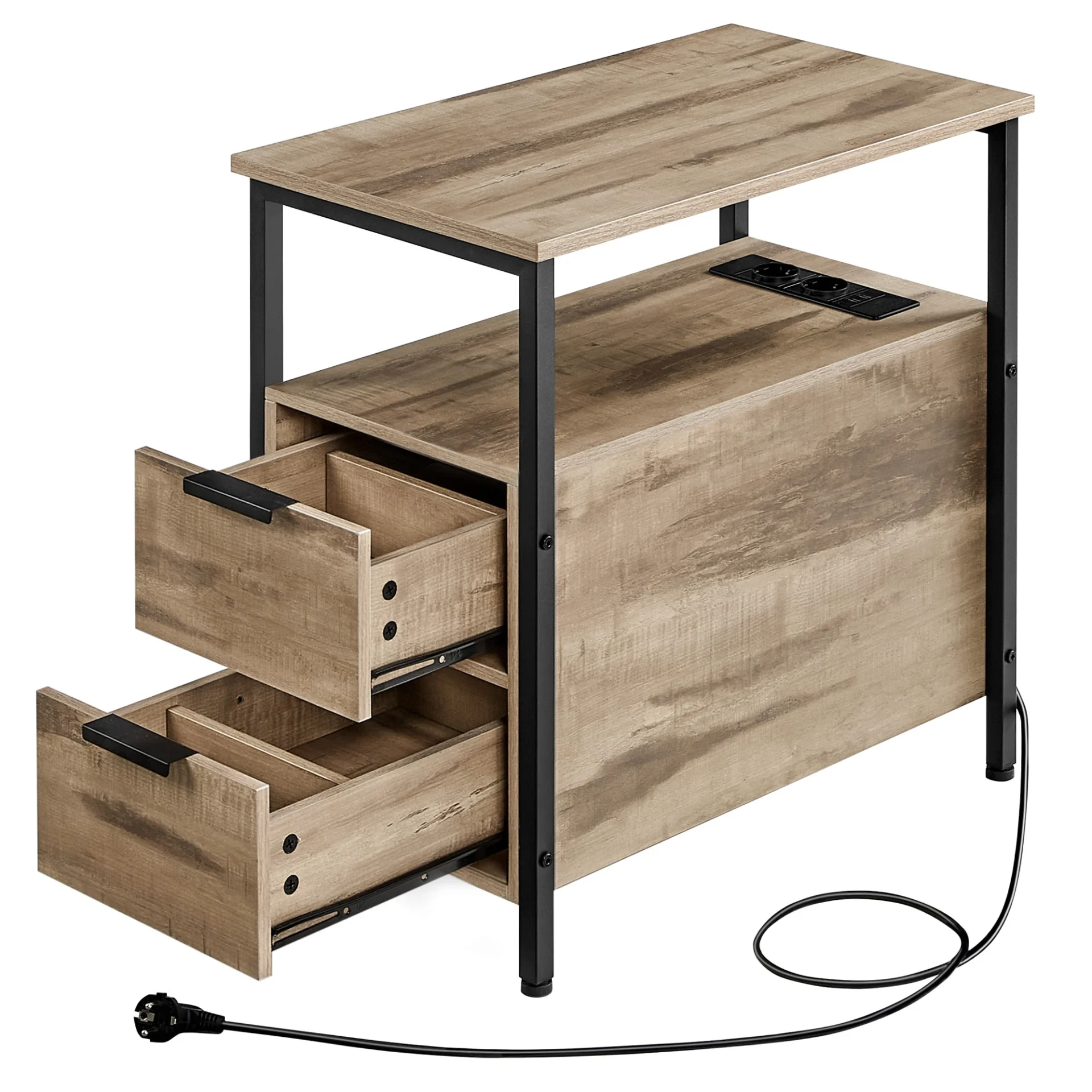 Mesa auxiliar de madera clara con regleta y espacio de almacenamiento - Maison Déco Lumière